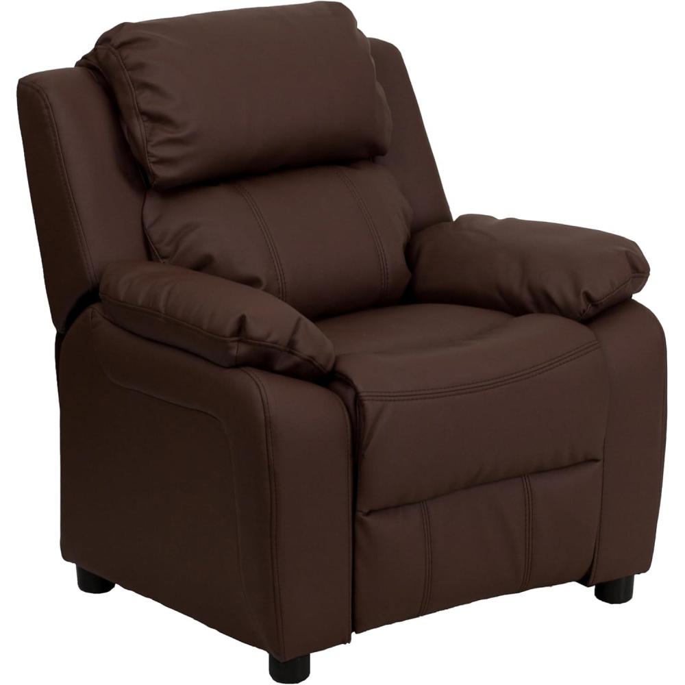 imageFlash Furniture Charlie Microfiber Kids Recliner with FlipUp Storage Arms and Safety Recline Contemporary Reclining Chair for Kids Supports up to 90 lbs PurpleBrown Leathersoft