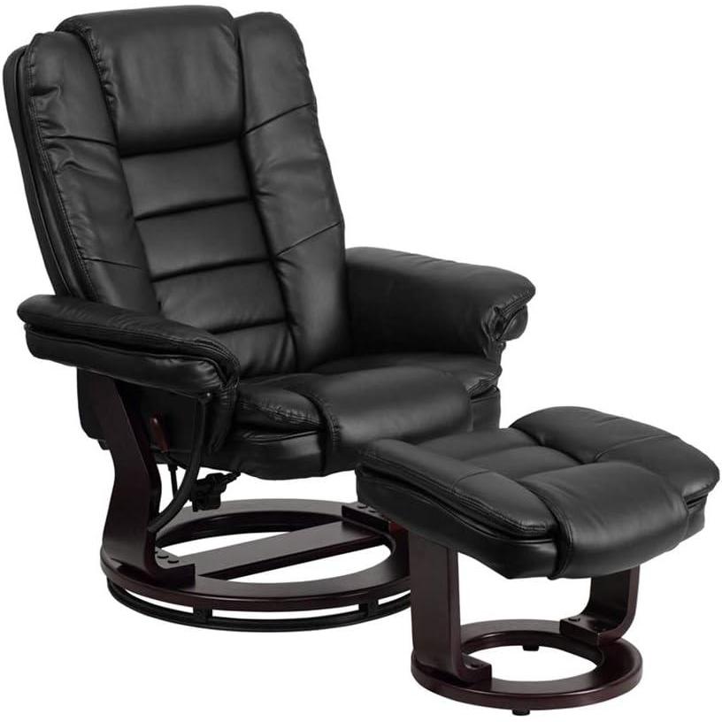 imageFlash Furniture Contemporary MultiPosition Recliner with Horizontal Stitching and Ottoman with Swivel Mahogany Wood Base in Black Leather