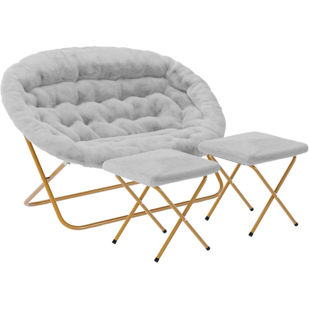 imageFlash Furniture Eleanor Portable Double Saucer Chair with 2 Ottomans Folding Steel Frames for Dorm or Bedroom 56quot Dusty Aqua Faux FurSoft Gold FrameGray FabricSoft Gold Frame