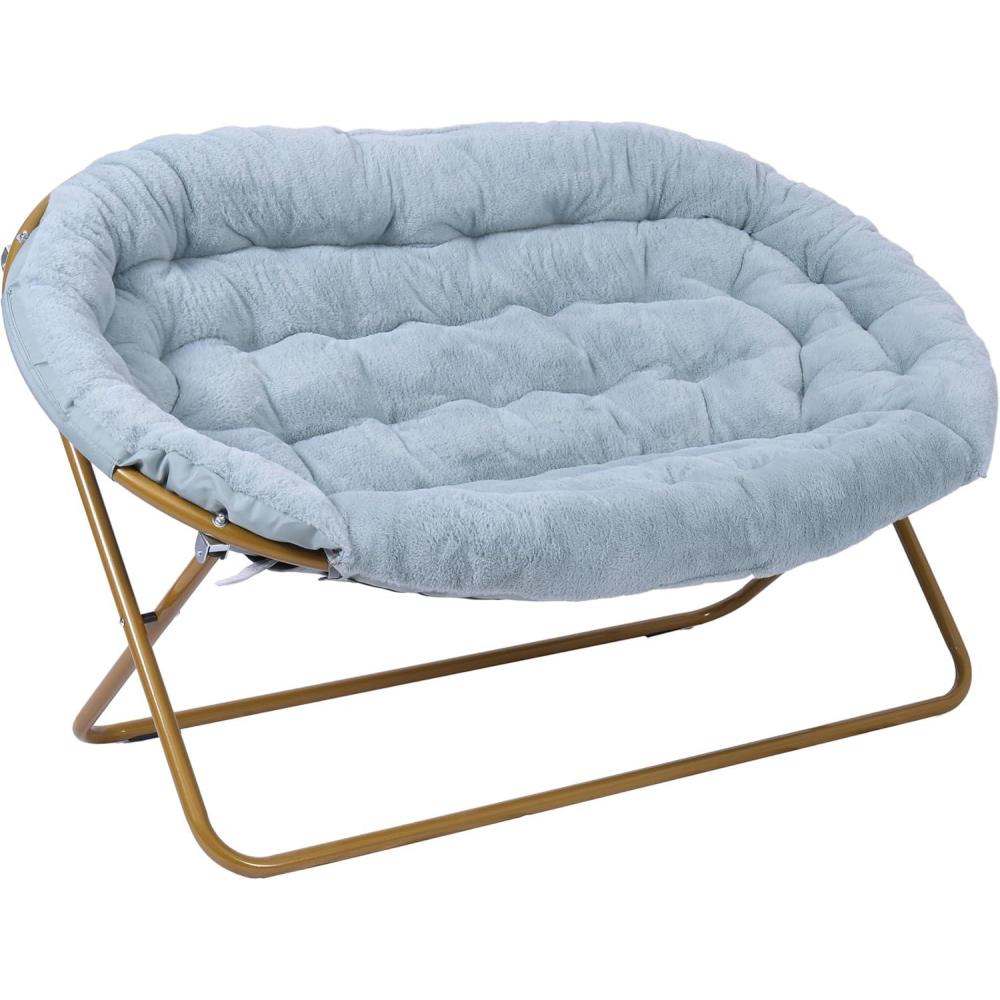 imageFlash Furniture Eleanor Portable Double Saucer Chair with 2 Ottomans Folding Steel Frames for Dorm or Bedroom 56quot Dusty Aqua Faux FurSoft Gold FrameAqua Faux FurSoft Gold Frame