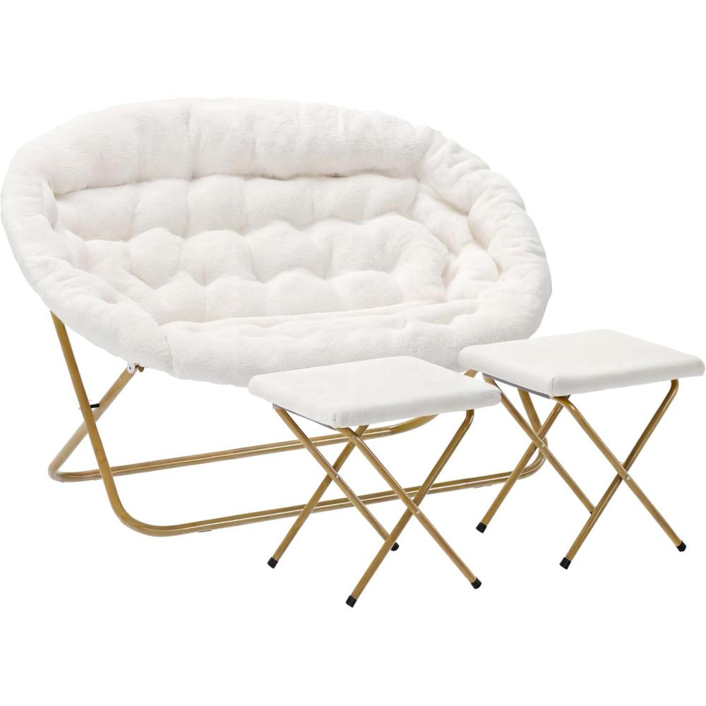 imageFlash Furniture Eleanor Portable Double Saucer Chair with 2 Ottomans Folding Steel Frames for Dorm or Bedroom 56quot Dusty Aqua Faux FurSoft Gold FrameIvory Faux Shearling FabricSoft Gold Frame