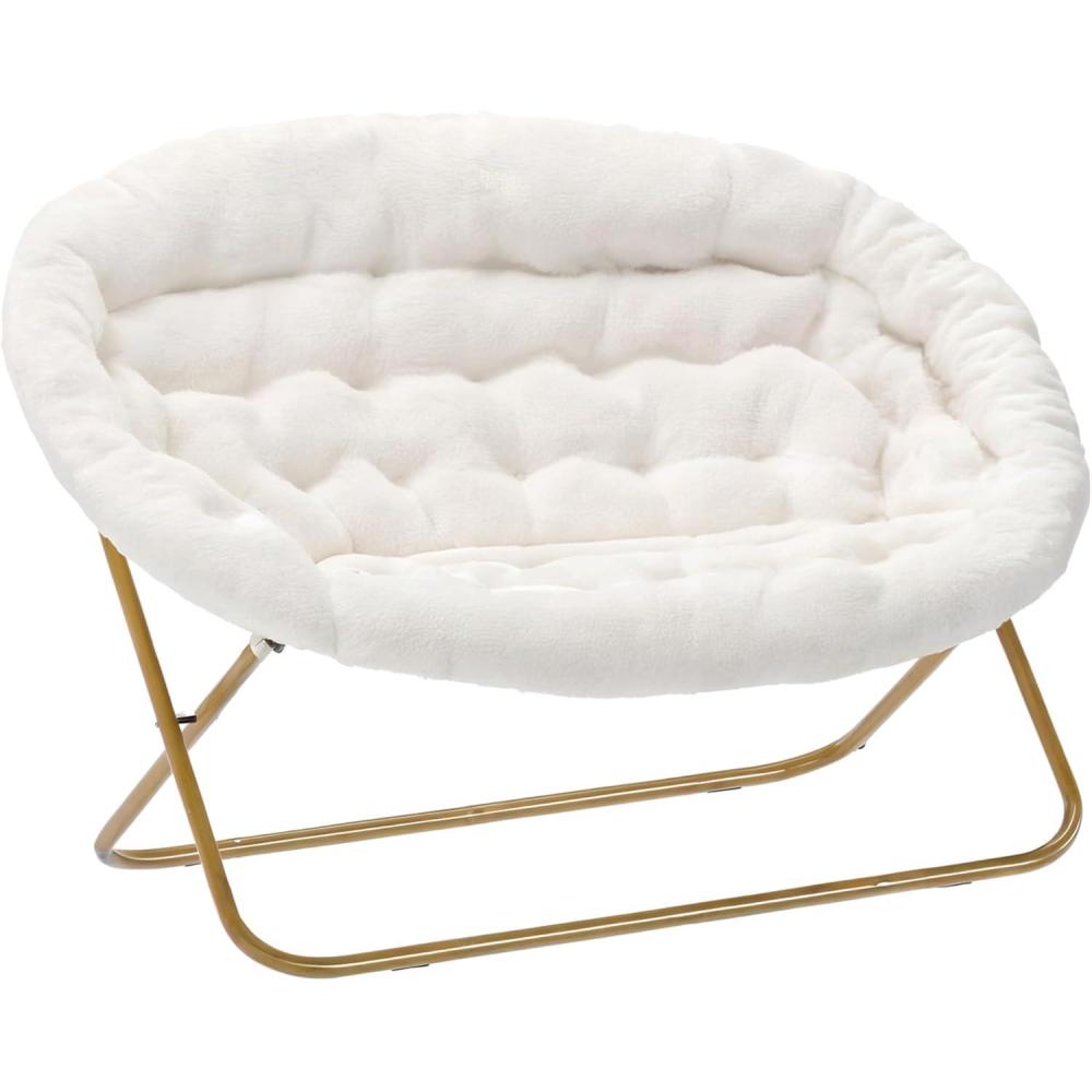 imageFlash Furniture Eleanor Portable Double Saucer Chair with 2 Ottomans Folding Steel Frames for Dorm or Bedroom 56quot Dusty Aqua Faux FurSoft Gold FrameIvory Faux ShearlingSoft Gold Frame