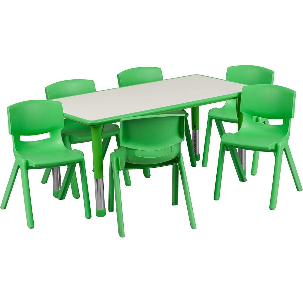 imageFlash Furniture Emmy Adjustable Classroom Activity Table with 6 Stackable Chairs Plastic Activity Table for Kids 23625quot W x 4725quot L BlueGrayGreen