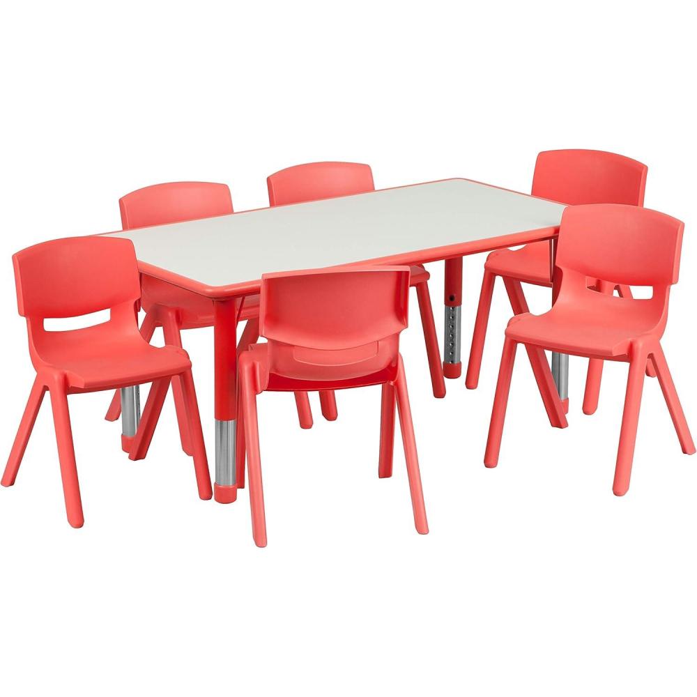 imageFlash Furniture Emmy Adjustable Classroom Activity Table with 6 Stackable Chairs Plastic Activity Table for Kids 23625quot W x 4725quot L BlueGrayRed