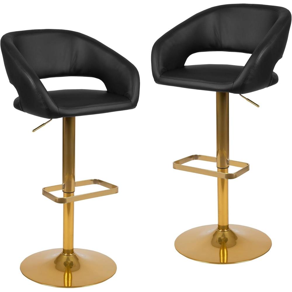 imageFlash Furniture Erik Contemporary Adjustable Height Barstool with Footrest and Rounded MidBack Upholstered Bar or Counter Height Stool GrayChromeBlack VinylGold Frame