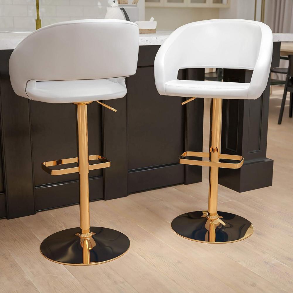 imageFlash Furniture Erik Contemporary Adjustable Height Barstool with Footrest and Rounded MidBack Upholstered Bar or Counter Height Stool GrayChromeWhite VinylGold Frame