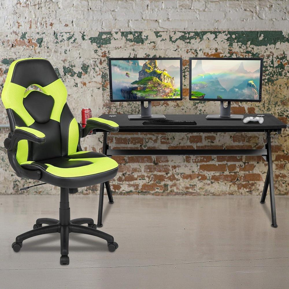 imageFlash Furniture Gaming Desk and Black Racing Chair SetCup HolderHeadphone HookRemovable Mouse Pad Top 2 Wire Management HolesGreen