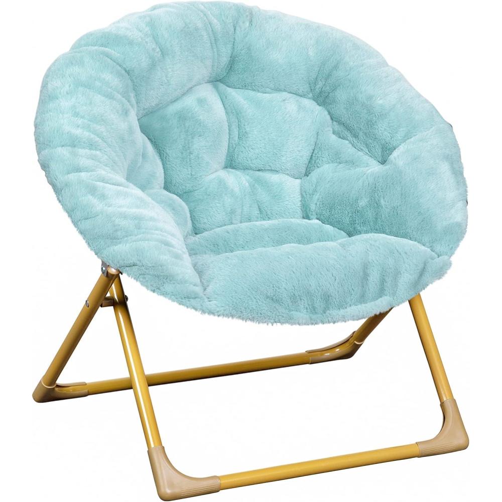imageFlash Furniture Gwen Kids Cozy Mini Folding Saucer Chair Navy Faux Fur Moon Chair Soft Gold Metal Frame 23quot Portable Folding Chair For Living Room or BedroomDusty AquaSoft Gold