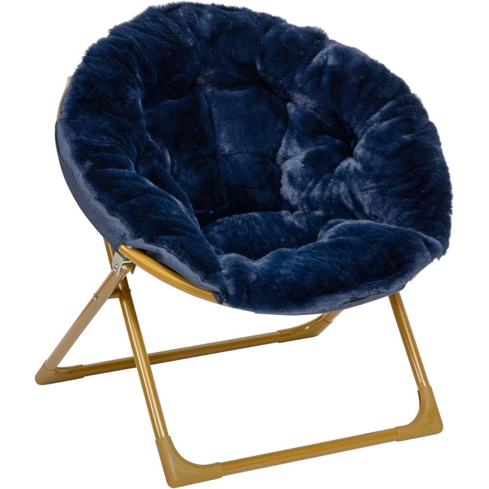 imageFlash Furniture Gwen Kids Cozy Mini Folding Saucer Chair Navy Faux Fur Moon Chair Soft Gold Metal Frame 23quot Portable Folding Chair For Living Room or BedroomNavy Faux FurSoft Gold Frame