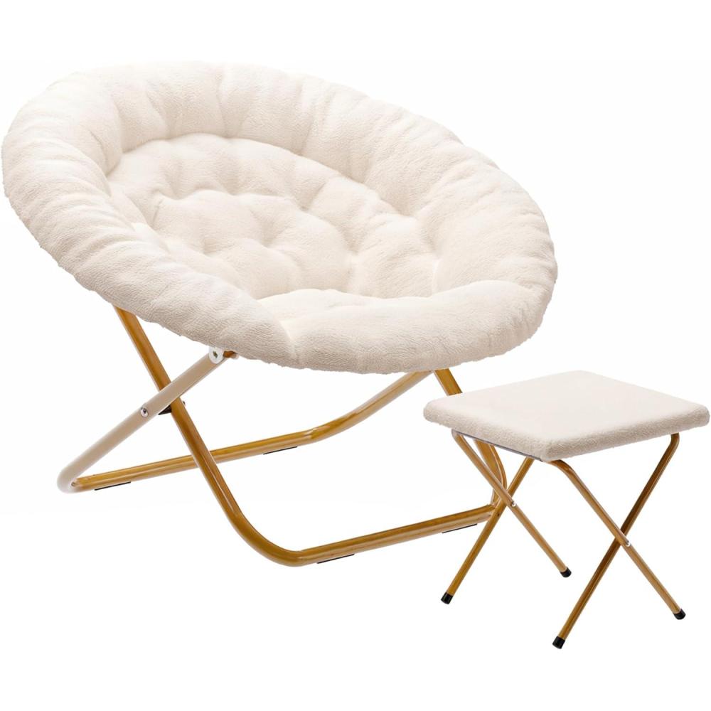 imageFlash Furniture Gwen Oversize Folding Saucer Chair Blush Faux Fur Moon Chair Soft Gold Metal Frame 38quot Portable Folding Chair for Dorm and BedroomIvory Faux Shearling FabricSoft Gold Frame