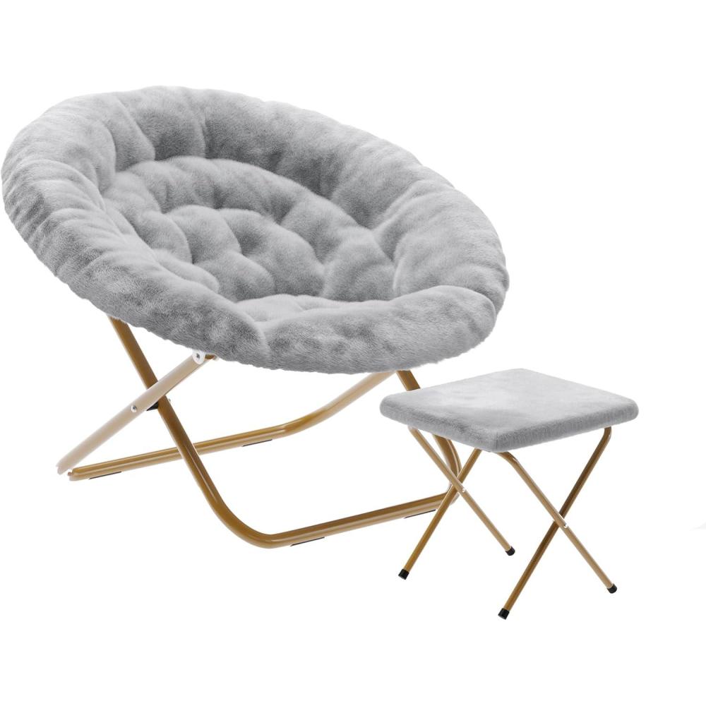imageFlash Furniture Gwen Oversize Folding Saucer Chair Blush Faux Fur Moon Chair Soft Gold Metal Frame 38quot Portable Folding Chair for Dorm and BedroomGray FabricSoft Gold Frame