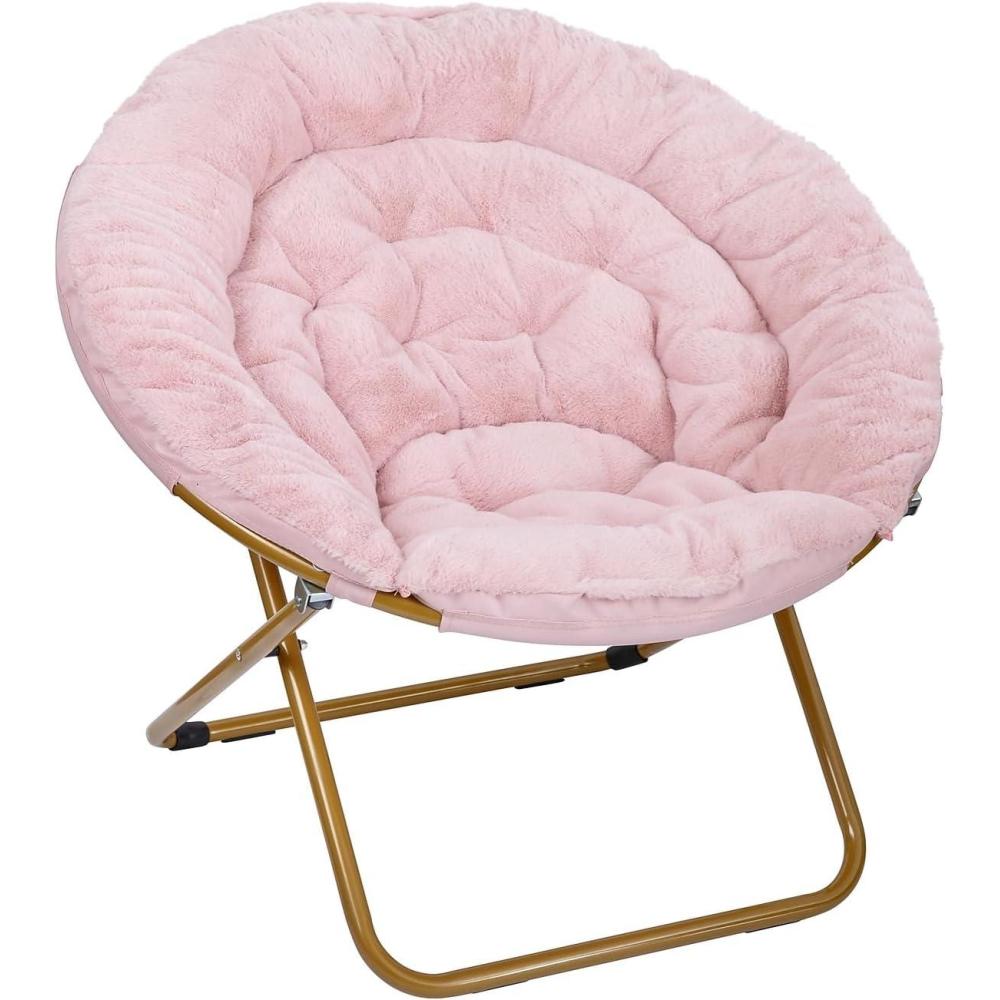 imageFlash Furniture Gwen Oversize Folding Saucer Chair Blush Faux Fur Moon Chair Soft Gold Metal Frame 38quot Portable Folding Chair for Dorm and BedroomBlushSoft Gold