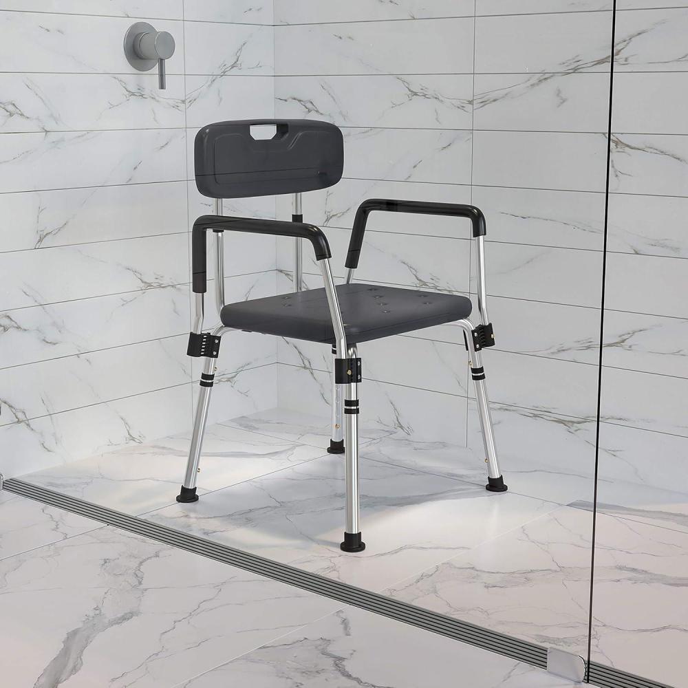 imageFlash Furniture HERCULES Series 300 Lb Capacity Adjustable White Bath ampamp Shower Chair with Quick Release Back ampamp ArmsGrey