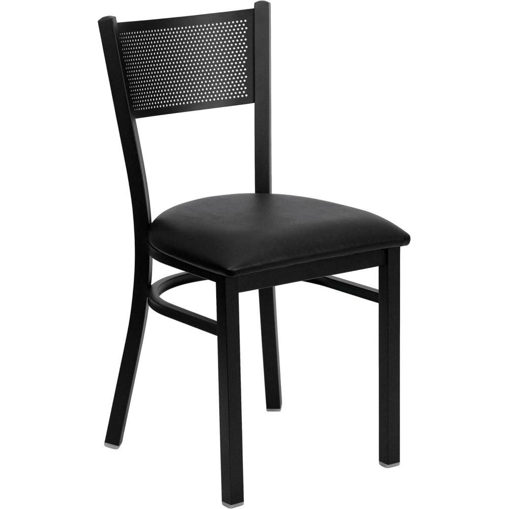 imageFlash Furniture HERCULES Series Black Grid Back Metal Restaurant Chair  Walnut Wood SeatBlack Vinyl SeatBlack Metal Frame