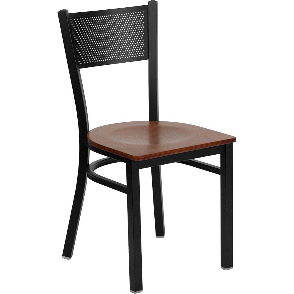 imageFlash Furniture HERCULES Series Black Grid Back Metal Restaurant Chair Walnut Wood SeatCherry Wood SeatBlack Metal Frame