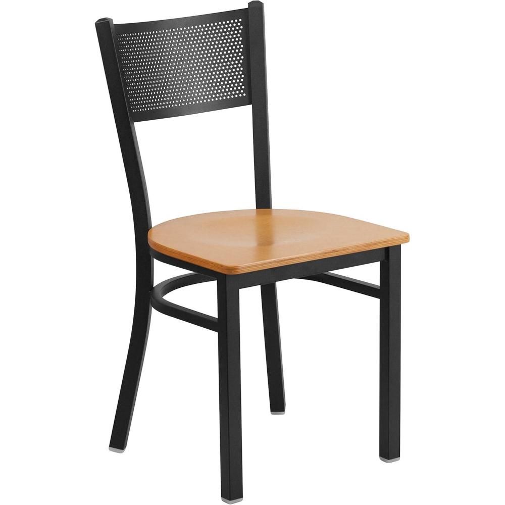 imageFlash Furniture HERCULES Series Black Grid Back Metal Restaurant Chair  Walnut Wood SeatNatural Wood SeatBlack Metal Frame