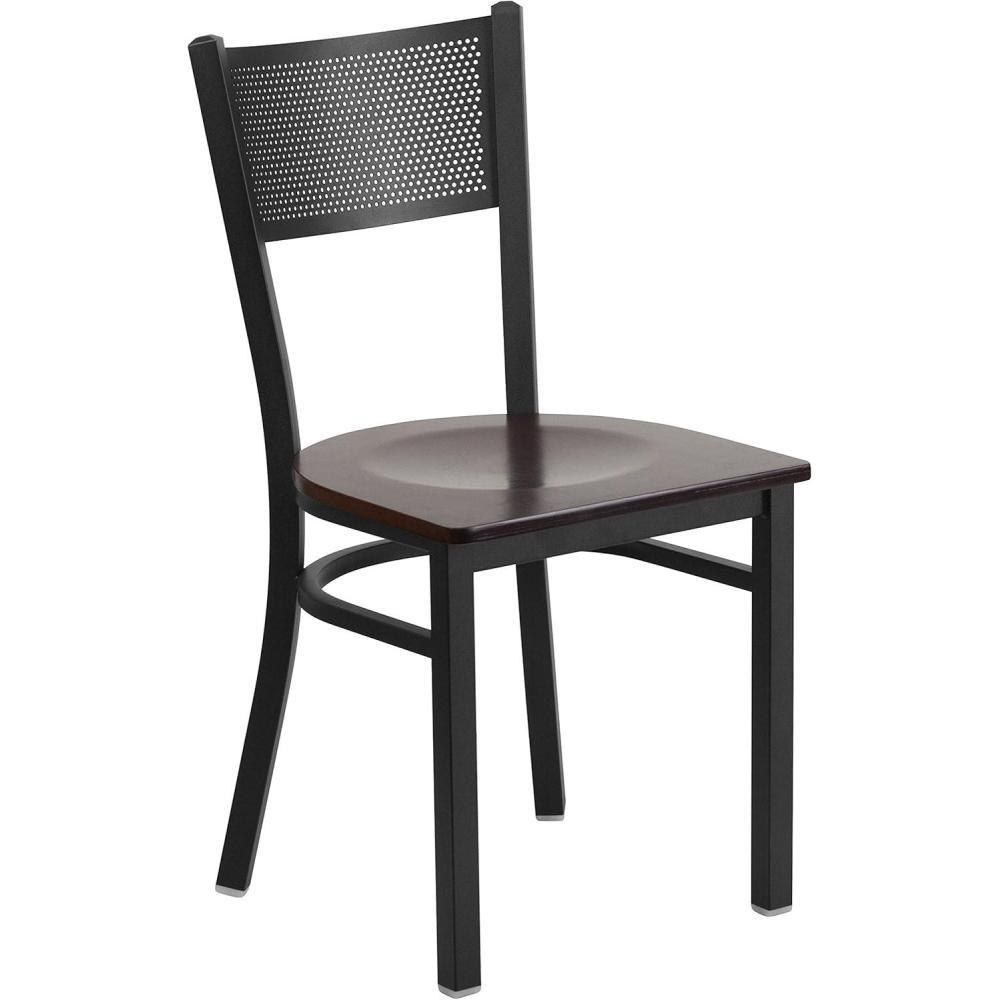 imageFlash Furniture HERCULES Series Black Grid Back Metal Restaurant Chair Walnut Wood SeatWalnut Wood SeatBlack Metal Frame