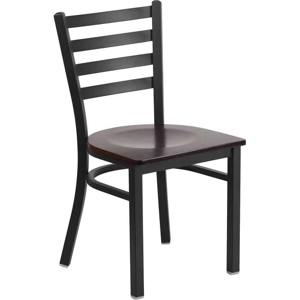 imageFlash Furniture HERCULES Series Black Ladder Back Metal Restaurant Chair Black Vinyl SeatWalnut Wood