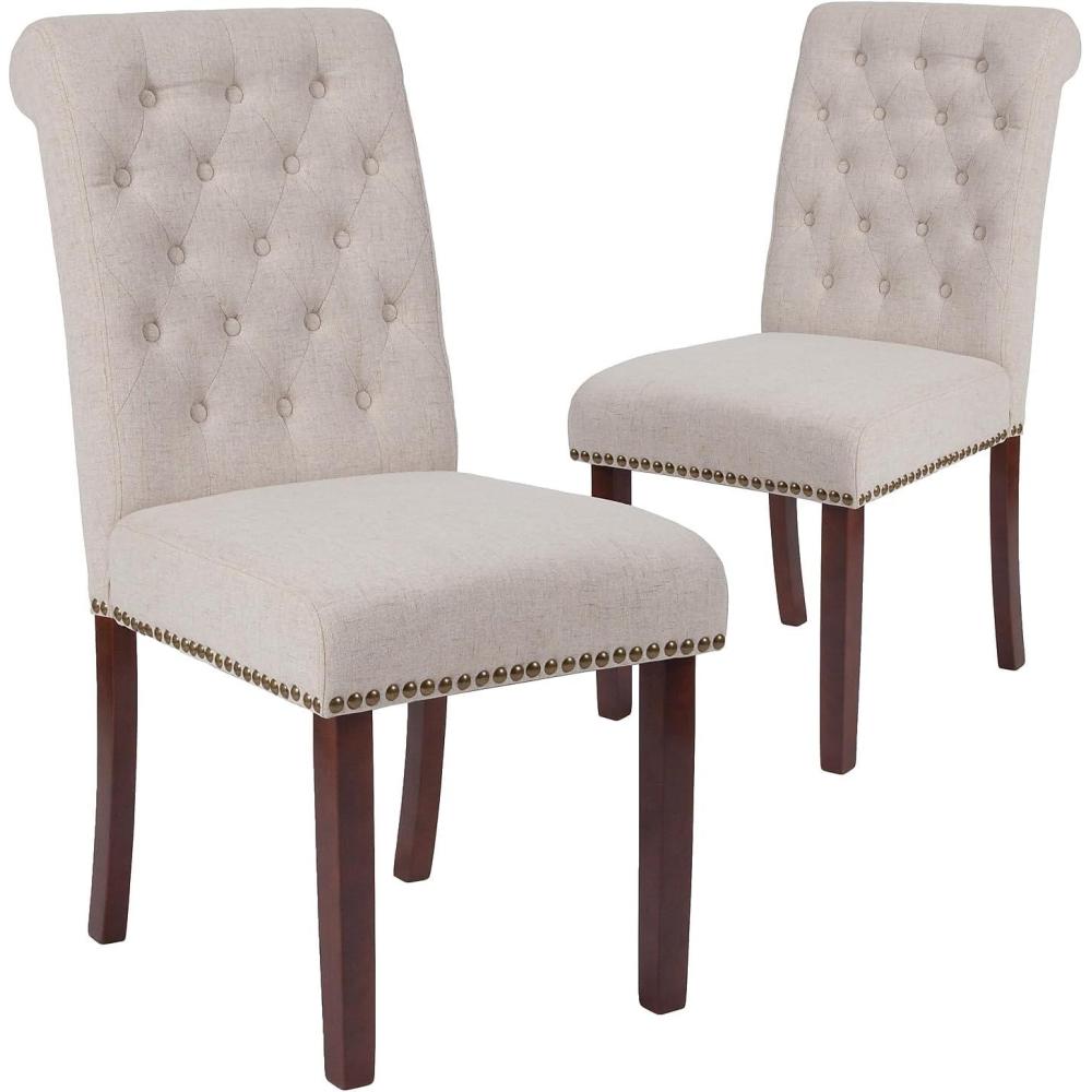 imageFlash Furniture HERCULES Series Black LeatherSoft Parsons Chair with Rolled Back Accent Nail Trim and Walnut FinishBeige Fabric