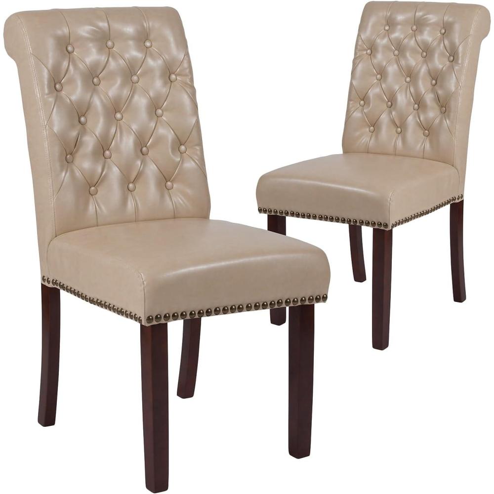 imageFlash Furniture HERCULES Series Black LeatherSoft Parsons Chair with Rolled Back Accent Nail Trim and Walnut FinishBeige Leathersoft