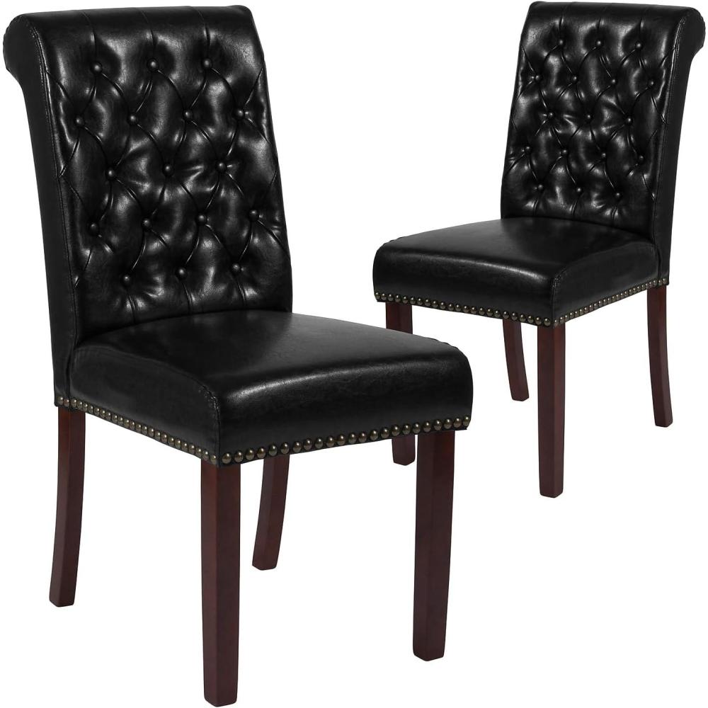 imageFlash Furniture HERCULES Series Black LeatherSoft Parsons Chair with Rolled Back Accent Nail Trim and Walnut FinishBlack Leathersoft