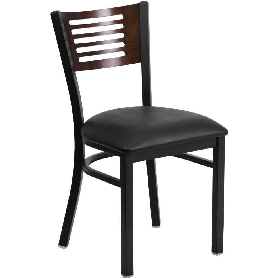 imageFlash Furniture HERCULES Series Black Slat Back Metal Restaurant Chair Walnut Wood Back Black Vinyl SeatWalnut Wood BackBlack Vinyl SeatBlack Metal Frame