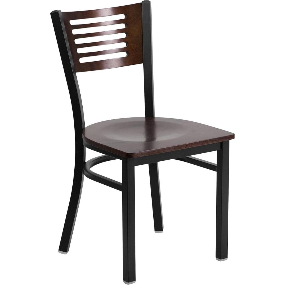 imageFlash Furniture HERCULES Series Black Slat Back Metal Restaurant Chair Walnut Wood Back Black Vinyl SeatWalnut Wood BackWalnut Wood SeatBlack Metal Frame