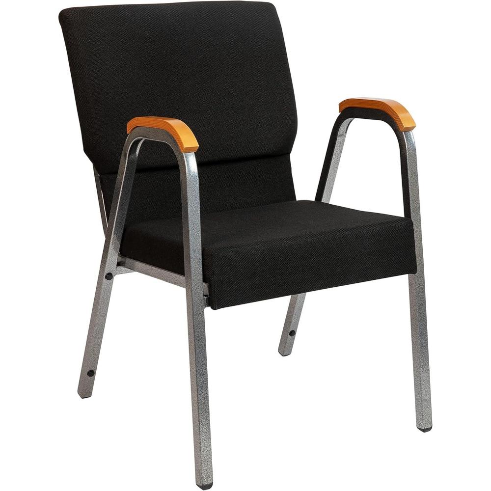 imageFlash Furniture HERCULES Series Church Chair Gray Fabric Stackable 21quotW Wood Accented Arms Silver Vein FrameBlack FabricSilver Vein Frame