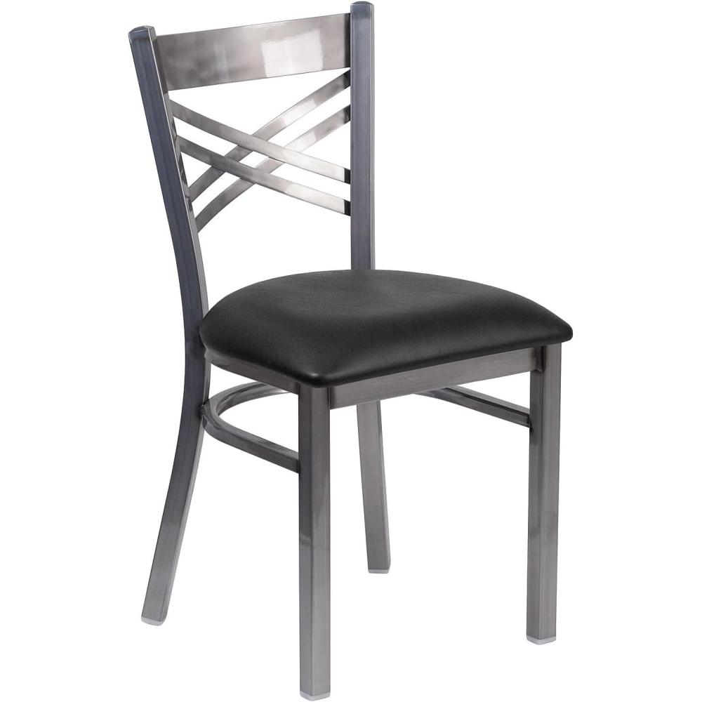 imageFlash Furniture HERCULES Series Clear Coated X Back Metal Restaurant Chair Black Vinyl SeatBlack Vinyl SeatClear Coated Metal Frame