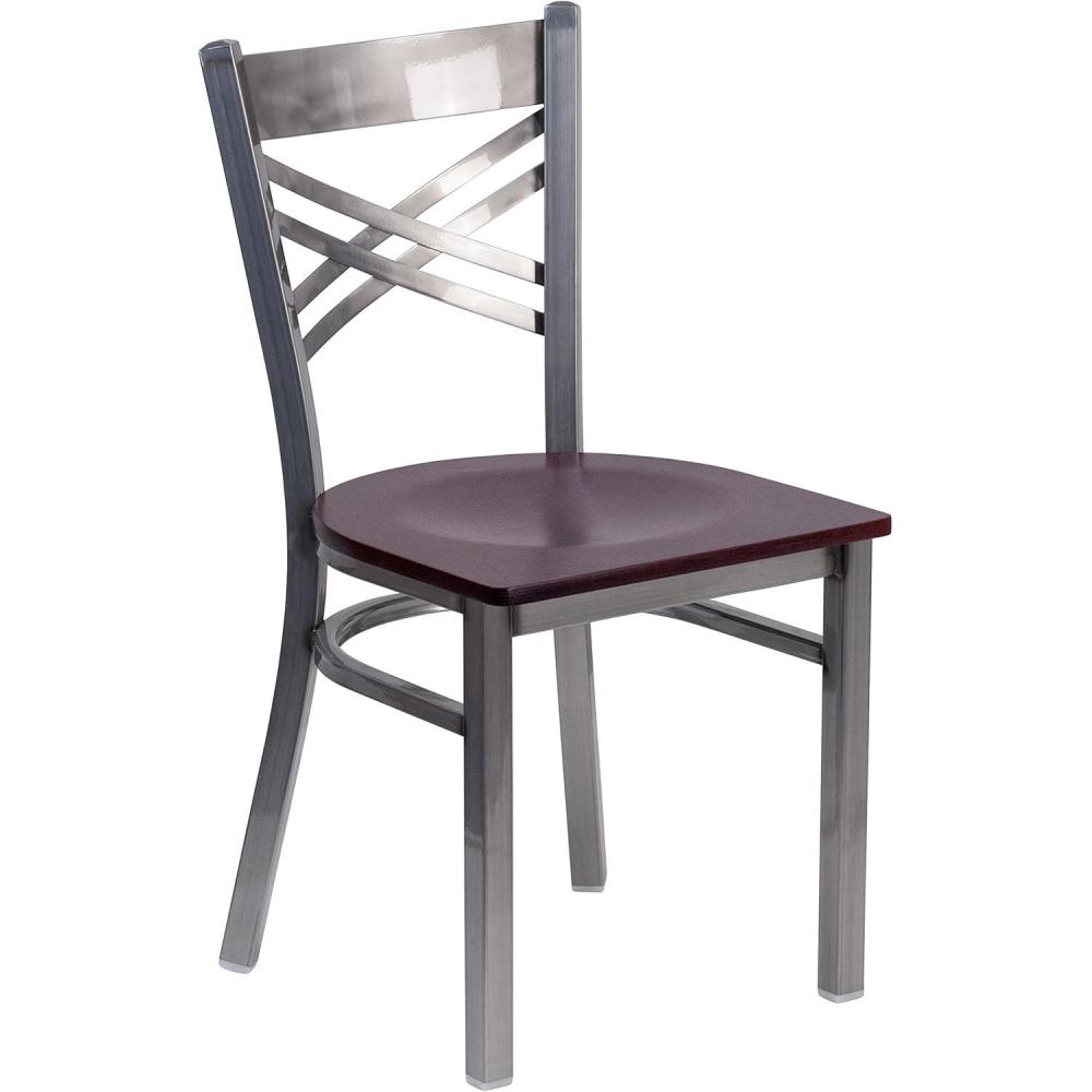 imageFlash Furniture HERCULES Series Clear Coated X Back Metal Restaurant Chair  Black Vinyl SeatMahogany Wood SeatClear Coated Metal Frame