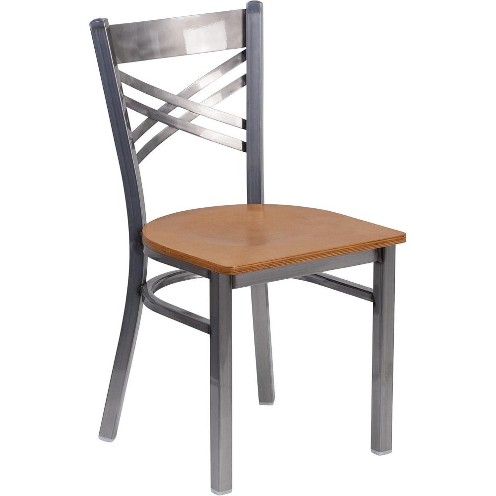 imageFlash Furniture HERCULES Series Clear Coated X Back Metal Restaurant Chair  Black Vinyl SeatNatural Wood SeatClear Coated Metal Frame