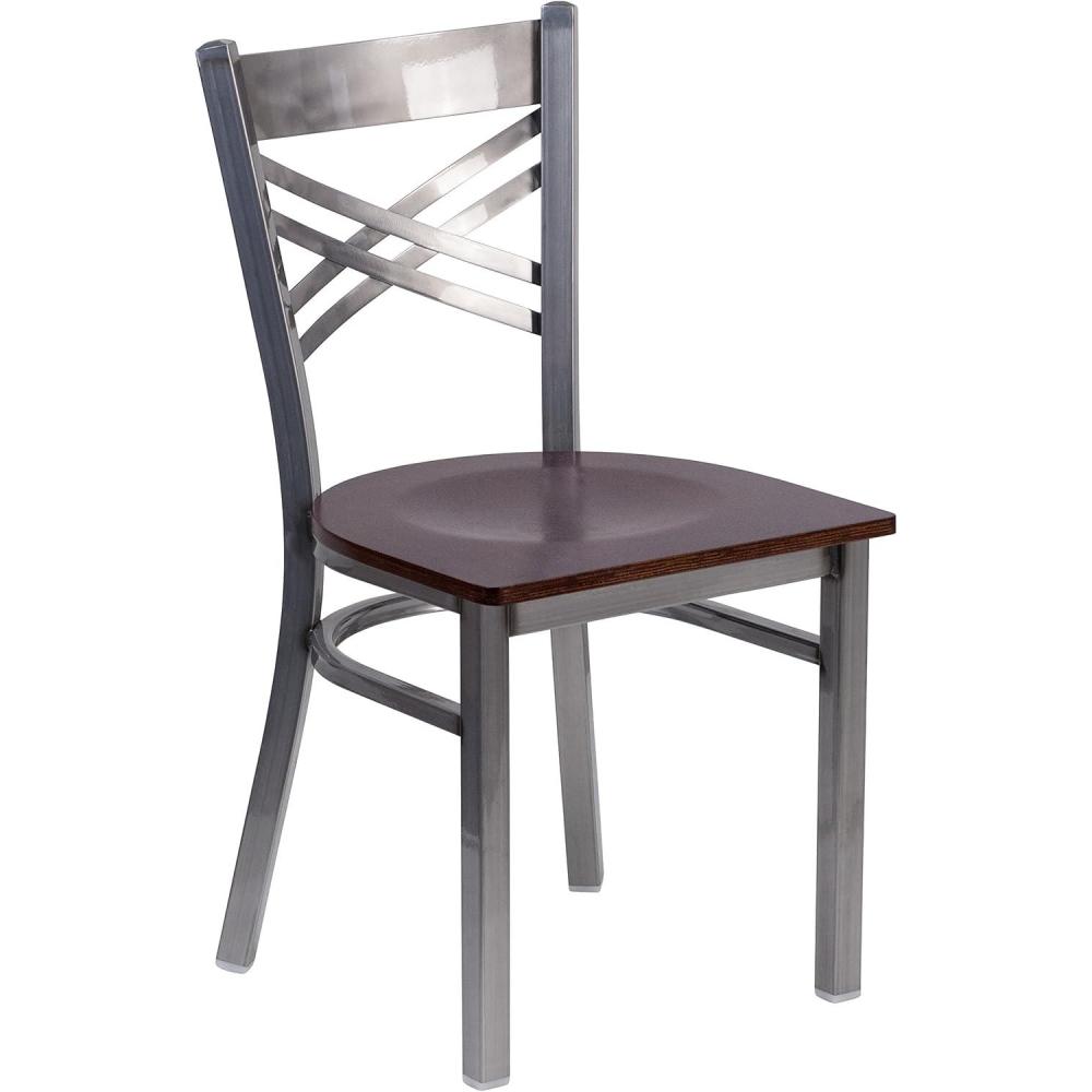 imageFlash Furniture HERCULES Series Clear Coated X Back Metal Restaurant Chair Black Vinyl SeatWalnut Wood SeatClear Coated Metal Frame