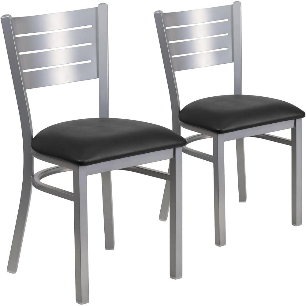imageFlash Furniture HERCULES Series Silver Slat Back Metal Restaurant Chair Black Vinyl SeatBlack Vinyl SeatSilver Frame