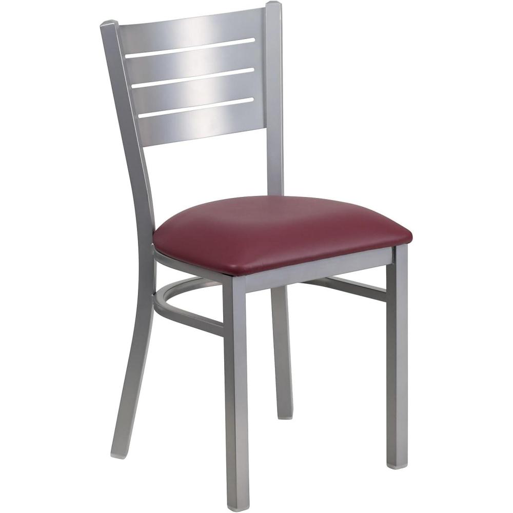 imageFlash Furniture HERCULES Series Silver Slat Back Metal Restaurant Chair Black Vinyl SeatBurgundy Vinyl Seat
