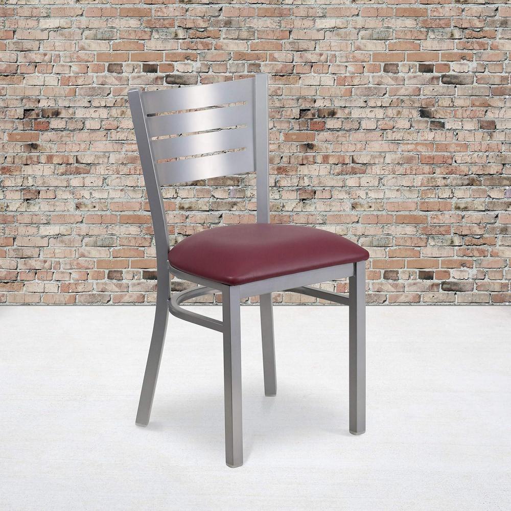 imageFlash Furniture HERCULES Series Silver Slat Back Metal Restaurant Chair Black Vinyl SeatBurgundy Vinyl SeatSilver Frame