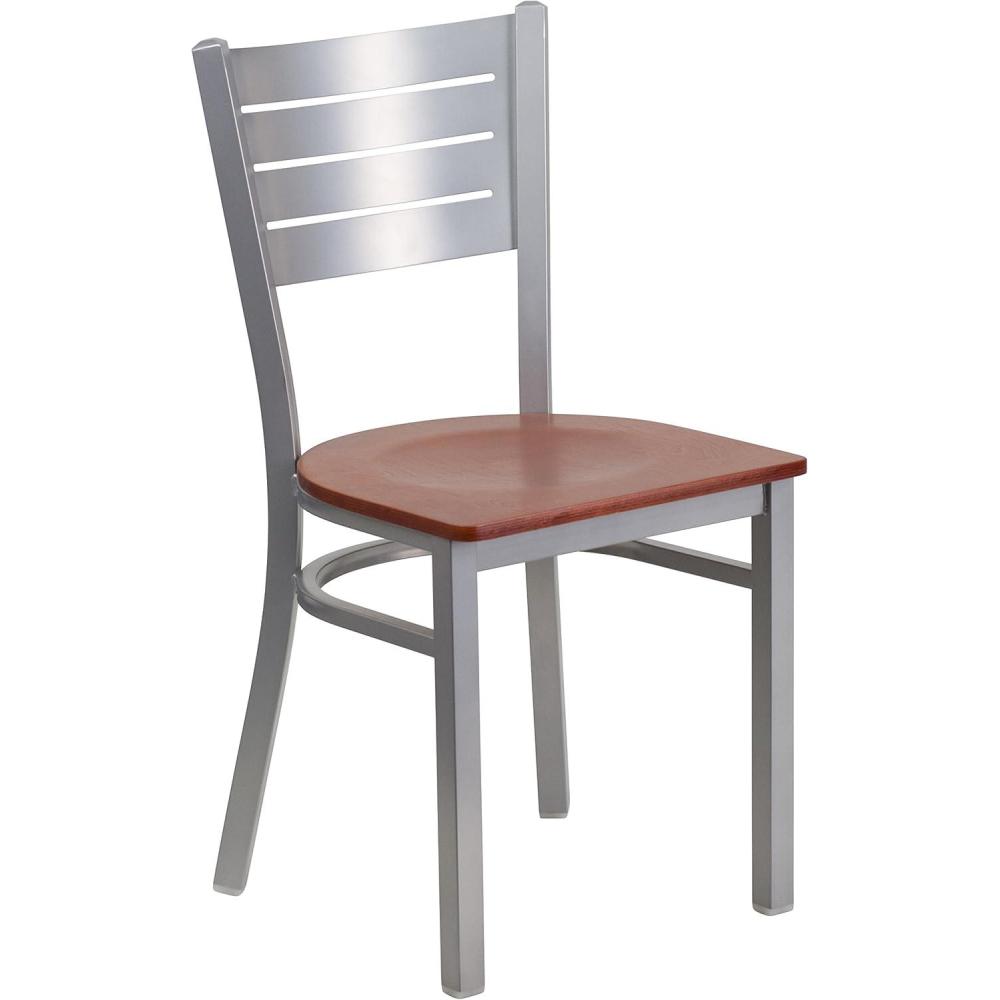 imageFlash Furniture HERCULES Series Silver Slat Back Metal Restaurant Chair Black Vinyl SeatCherry Wood Seat