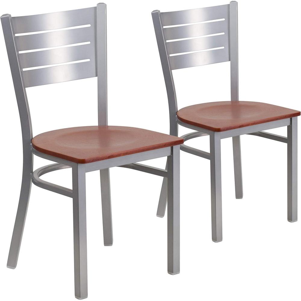 imageFlash Furniture HERCULES Series Silver Slat Back Metal Restaurant Chair Black Vinyl SeatCherry Wood SeatSilver Frame