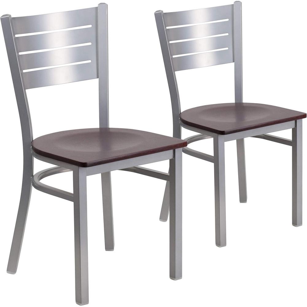 imageFlash Furniture HERCULES Series Silver Slat Back Metal Restaurant Chair Black Vinyl SeatMahogany Wood SeatSilver Frame