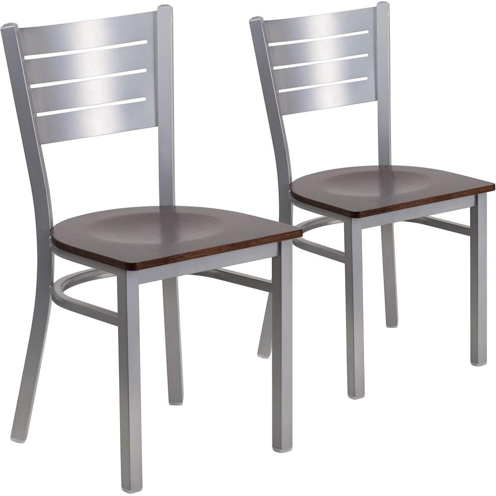 imageFlash Furniture HERCULES Series Silver Slat Back Metal Restaurant Chair Black Vinyl SeatWalnut Wood SeatSilver Frame