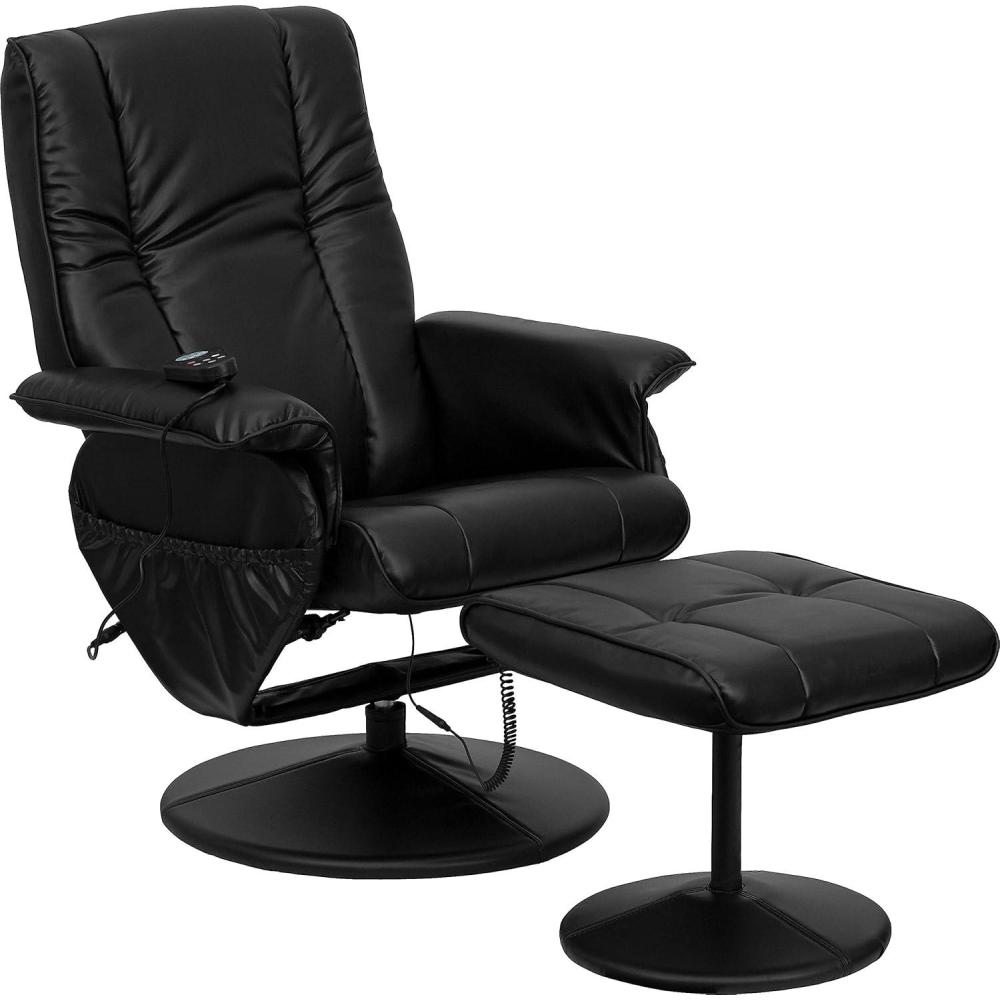 imageFlash Furniture Hall Massaging Heat Controlled Adjustable Recliner and Ottoman with Wrapped Base in Black LeatherSoftBlack