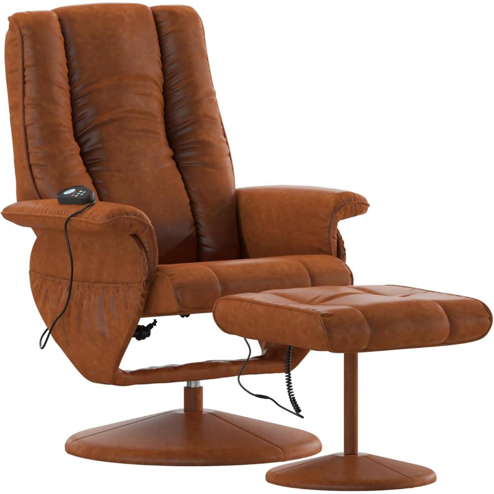 imageFlash Furniture Hall Massaging Heat Controlled Adjustable Recliner and Ottoman with Wrapped Base in Black LeatherSoftBrown