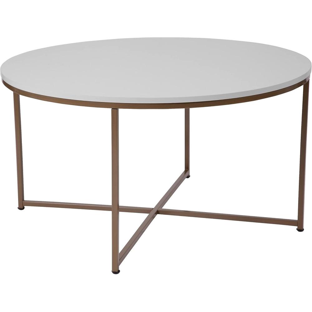 imageFlash Furniture Hampstead Collection Coffee Table  Modern White Finish Coffee Table  Crisscross Brushed Gold Frame