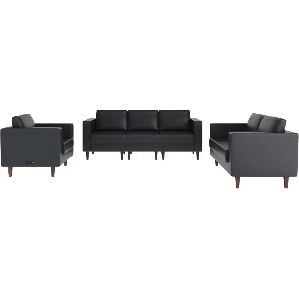 imageFlash Furniture Hercules Artemis 3 Piece Commercial Seating Set for Reception and Lobby Use Solid Wood Legs 8 Outlets 4 USB and 4 USBC Ports Black LeatherSoftBlack