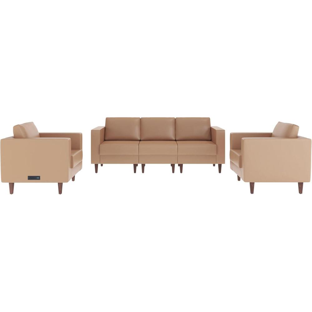 imageFlash Furniture Hercules Artemis 3 Piece Commercial Seating Set for Reception and Lobby Use Solid Wood Legs 8 Outlets 4 USB and 4 USBC Ports Cognac LeatherSoftCognac