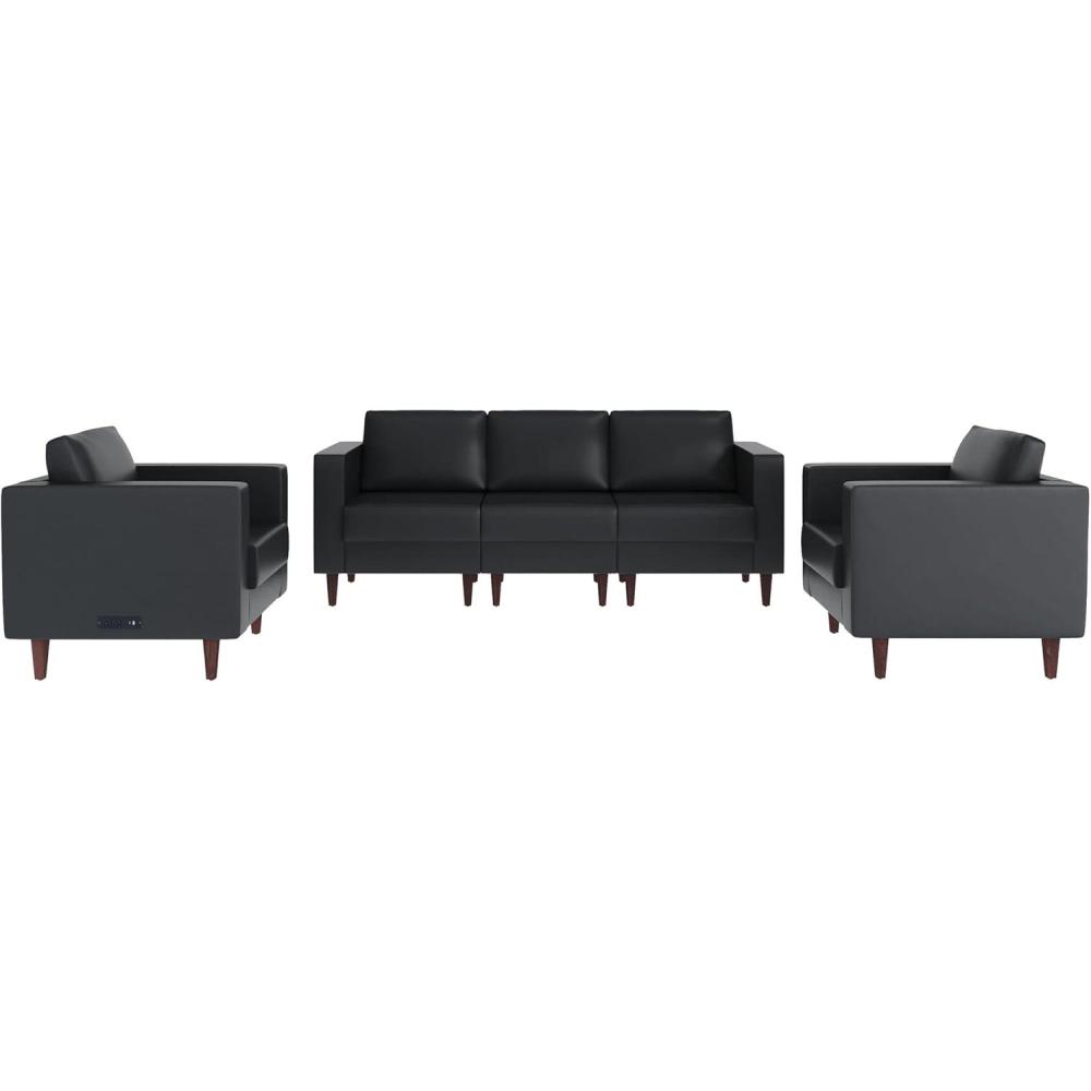 imageFlash Furniture Hercules Artemis 3 Piece Commercial Seating Set for Reception and Lobby Use Solid Wood Legs 8 Outlets 4 USB and 4 USBC Ports Cognac LeatherSoftBlack