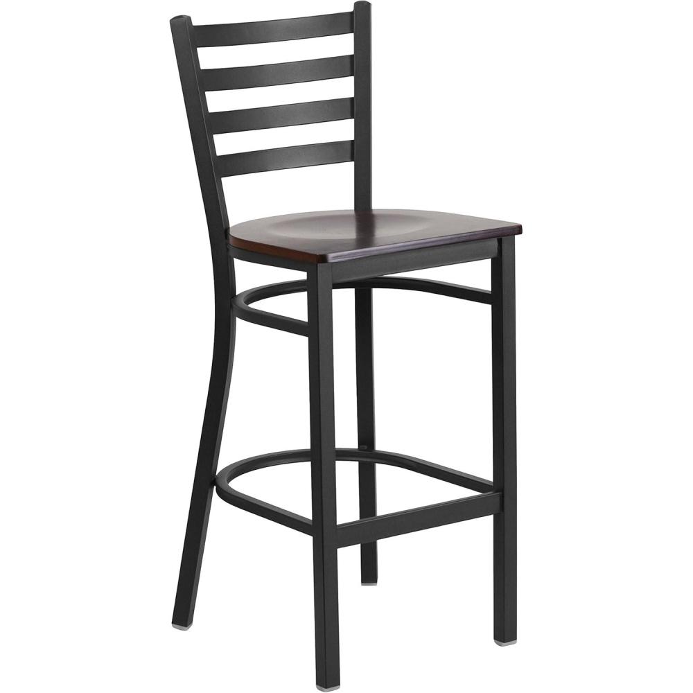 imageFlash Furniture Hercules Series Ladder Back Metal Restaurant Barstool Modern Upholstered Armless Bar Height Chair for Restaurants and Kitchens BlackWalnut Wood SeatBlack Metal Frame
