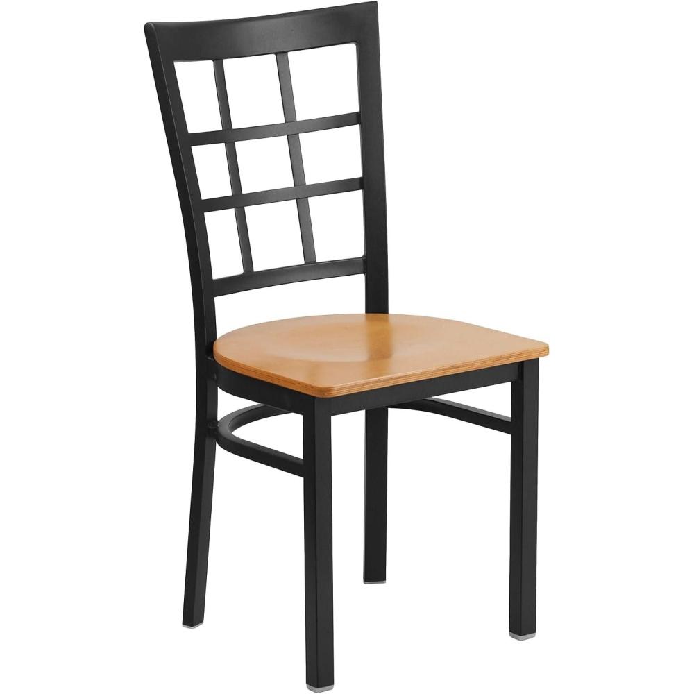 imageFlash Furniture Hercules Series Window Back Metal Restaurant Chair Modern Upholstered Armless Dining Chair for Restaurants and Kitchens BlackNatural Wood SeatBlack Metal Frame
