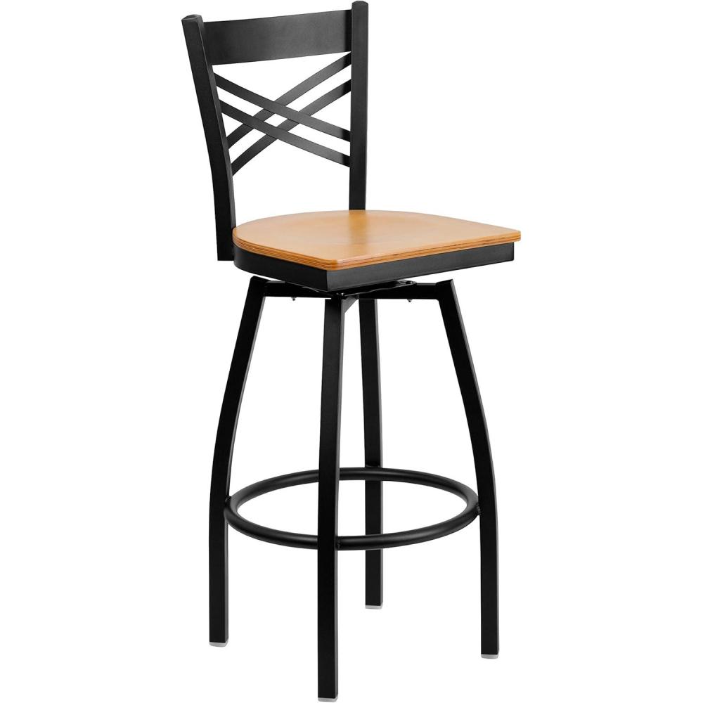imageFlash Furniture Hercules Series quotXquot Back Metal Restaurant Barstool Modern Upholstered Armless Bar Height Chair for Restaurants and Kitchens BlackNatural Wood SeatBlack Metal Frame