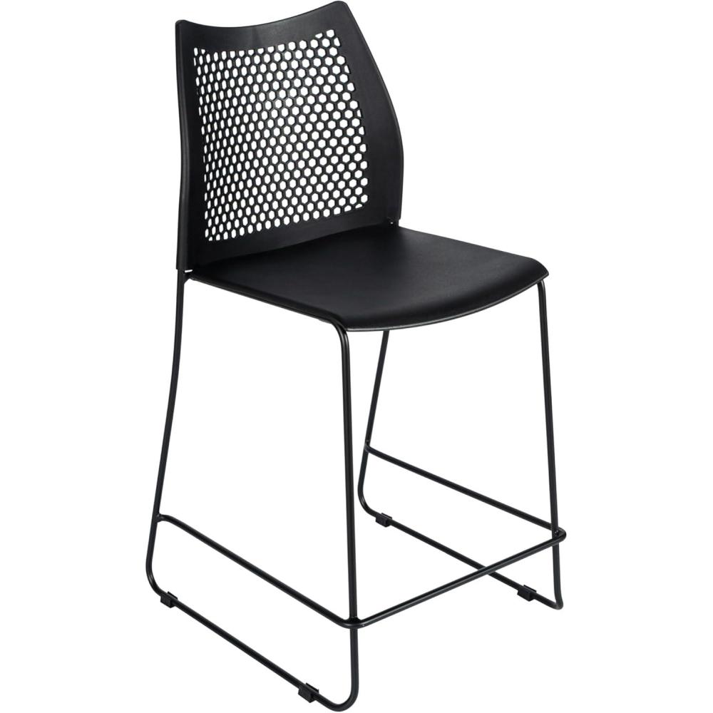 imageFlash Furniture Hercules Stacking Counter Height Stool with Vented Backrest and Gray Powder Coated Steel Sled Base with Integrated Footrest Commercial Portable Stool NavyBlack PlasticBlack Frame