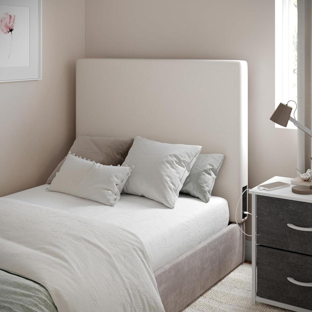 imageFlash Furniture Hugo Twin Headboard with 2 Outlets USB Port USB TypeC Port Faux Linen Upholstery Dual Hanging Options BeigeBeige